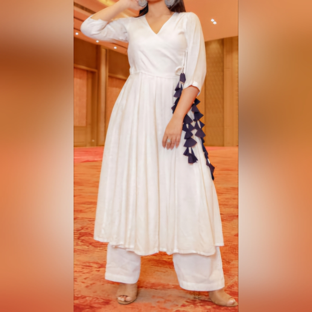 Elegant White Dress/Aangrakha with Blue Accents